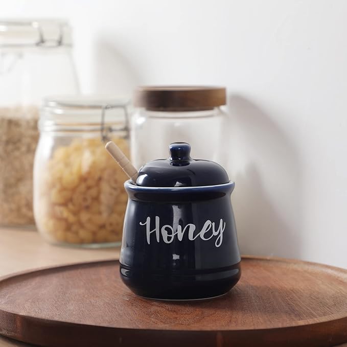 HAOTOP Farmhouse Porcelain Honey Jar with Dipper and Lid Set 12oz,Easy to Clean (Navy)