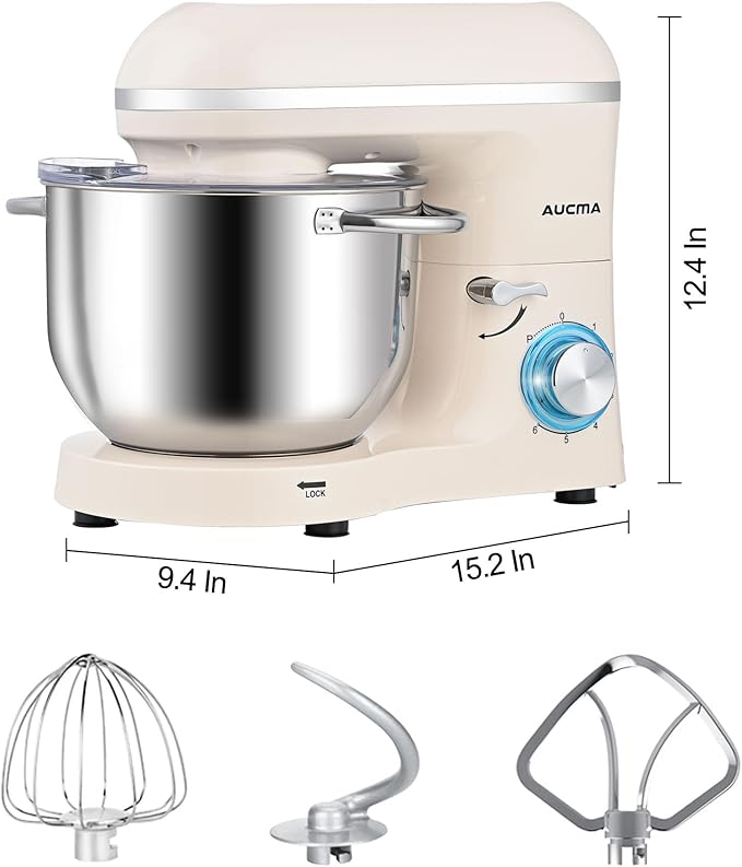 Aucma Stand Mixer, 6.5QT 660W 6-Speed Tilt-Head Food Mixer, Kitchen Electric Stand Mixer with Dough Hook, Wire Whip & Beater (Almond Cream, 6.5QT)