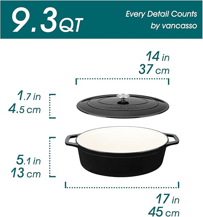vancasso Enameled Cast Iron Oval Dutch Oven, 9.3 Quart with Non-Stick Enamel Coating for Bread Baking, Black Double Handle Pot with Lid