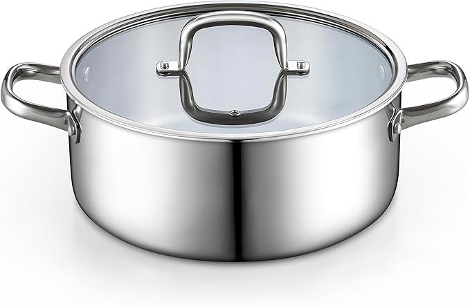 Cook N Home Stainless Steel Stockpot with Lid 7 Quart, Tri-Ply Clad Dutch Oven Soup Pot, Induction Cooking Pot, Silver