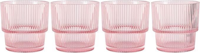 Glaver's Ribbed Drinking Glasses Set of 4, Pink Drink Glasses, Vintage Glass Cups. 11 oz Rocks Glasses, Stackable Whiskey Glasses, Modern Vintage Style, Blush
