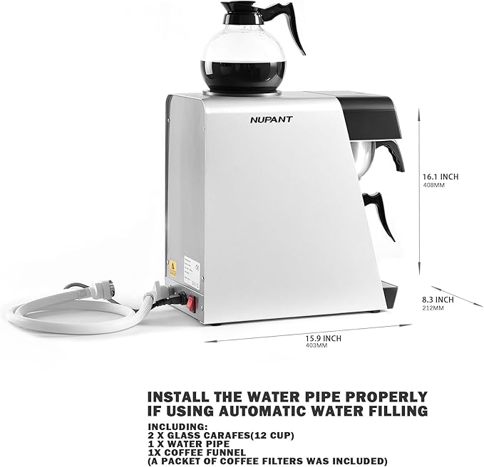 12-Cup Commercial Drip Coffee Maker 1.8L Auto Filling Pour Over Coffee Machine with 2 Glass Carafes, 2 Warmers, LCD Panel, Automatic Stainless Steel Coffee Brewer for Cofe Bar and Restaurant