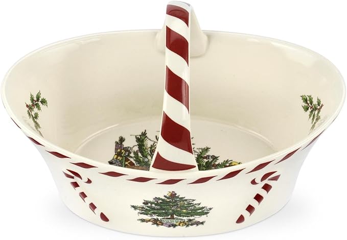 Spode Christmas Tree Candy Basket, 6.5-Inch Candy Bowl with Peppermint Handle for Holiday Snacks, Earthenware Christmas Gift, Festive Holiday Serveware & Holiday Display Bowl, Seasonal Décor