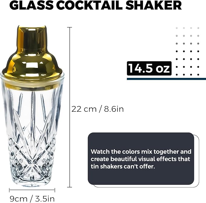 Cocktail Shaker, 14.5 Oz Glass Drink Shakers Cocktail for Bars, Whiskey, Cocktails, Gold