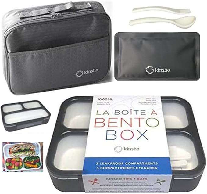Bento Lunch Box with Bag and Ice Pack Set | Bento Box Adult Lunch Box | 3 Compartment Boxes, Insulated Bags for Work School | Containers for Teens Adults Boys Kids Lunches | Grey Black Large Kit