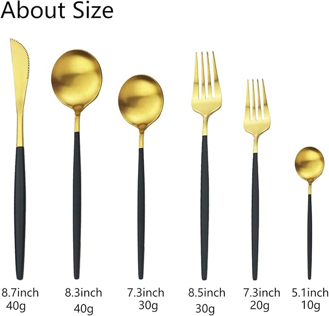 JASHII Silverware Set 36 Piece Food Grade Stainless Steel Flatware Set Fork Spoon Knife Utensils for Daily Use and Party, Service for 6 Anti Rust, Safe in Dishwasher (Matte Black handle gold)