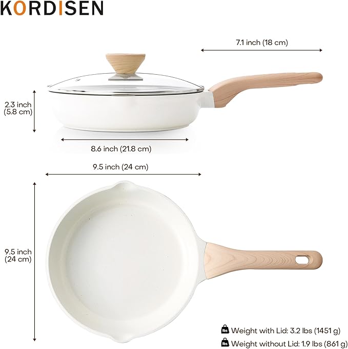 Kordisen Ceramic Non Stick Frying Pans Skillet with Lid, 9.5 Inch Ceramic Frying Pan Nonstick for Cooking Non Toxic, Healthy Induction Cookware, Heat Resistant Handle, PFOA & PFAS Free