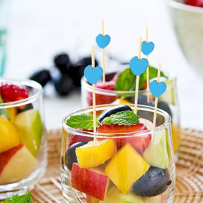 Minisland Sky Blue Love Heart Cocktail Picks, 4.7 Inch Long Bamboo Fancy Toothpicks for Appetizers, Decorative Baby Shower Wedding Valentines Party Food Drinks Fruit Skewer Sticks 100 Counts -MSL133