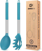 Silicone Pasta Fork and Cooking Spoon Set, Non Stick Kitchen Utensils for Cooking,Stirring,Serving Spaghetti, Soup, Sauce (BLUE)