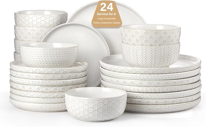 24 Piece Dinnerware Sets for 8 - Farmhouse Style Stoneware Plates and Bowls Sets - Scratch Resistant & Dishwasher Safe, Embossed Boho Ceramic Dish Set, Stack Compactly Dishware - Vintage White