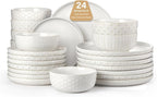 24 Piece Dinnerware Sets for 8 - Farmhouse Style Stoneware Plates and Bowls Sets - Scratch Resistant & Dishwasher Safe, Embossed Boho Ceramic Dish Set, Stack Compactly Dishware - Vintage White