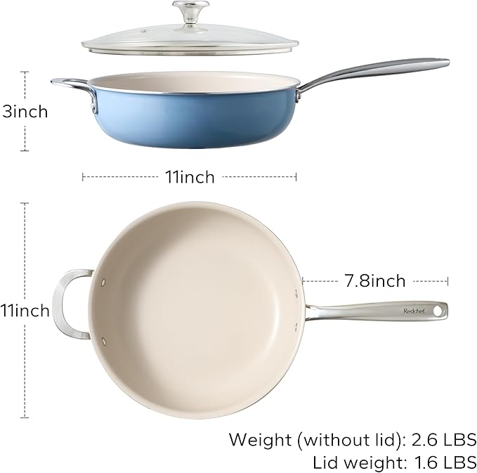 Redchef Ceramic Saute Pan with Lid, Nonstick Deep Frying Pan, 5QT Jumbo Cooker with Helper Handle & Lid, Non Toxic Ceramic Cooking Pan, Chef Pan, Dishwasher & Oven Safe, PFAS PFOA & PTFE Free（Blue）