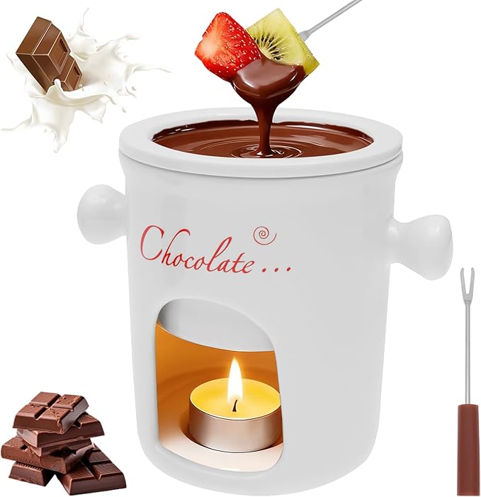 Chocolate Fondue Mug with Fork, 280ml Ceramic Chocolate Fondue Cup Set, Chocolate Melting Mug, Great for Cheese, Butter - Date Nights, Birthdays, Anniversary, Weddings (White)