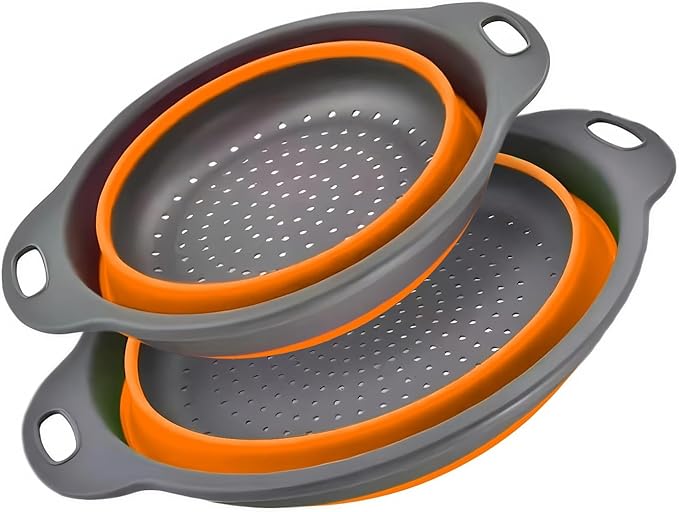 Silicone Colander Collapsible Strainers Set for Kitchen- 2 Pack (3Qt, 4Qt) -Over Home Draining Basket, Food Vegetables & Fruits-Dishwasher Safe, Space Saving Design (Orange)