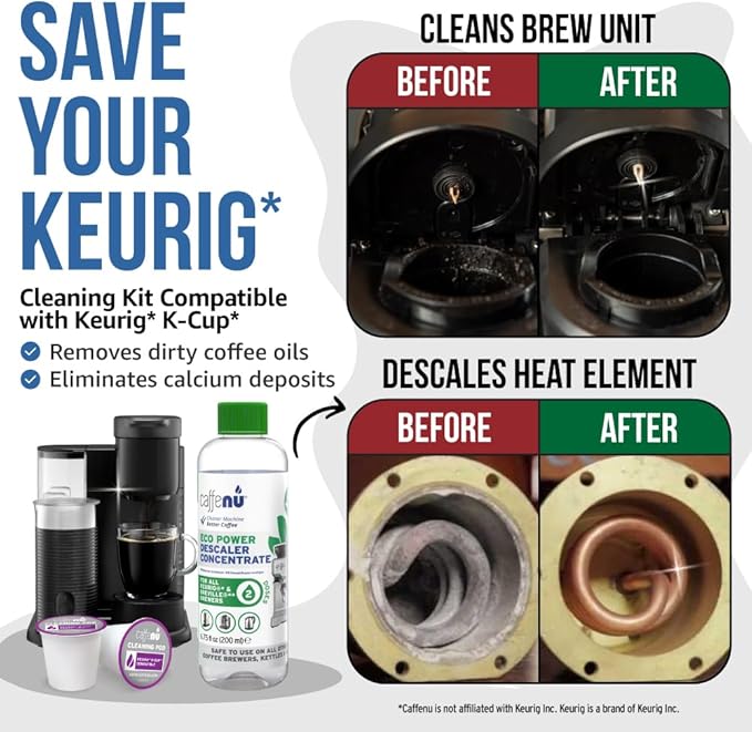 Keurig Compatible Descaling Solution and Keurig Cleaner Pods. Removes Limescale & Cleans Pod Area. Better Tasting & Hotter Coffee. 4 Uses of Descaler & Cleaner.