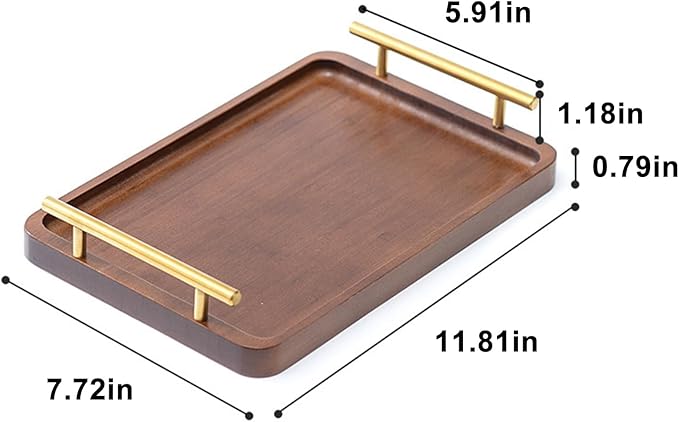 Bamboo Serving Tray with Gold Handles, Food Tray for Breakfast,Coffee Table,Dinner & Bar, Decorative Tray for Kitchen, Bedroom (Small)