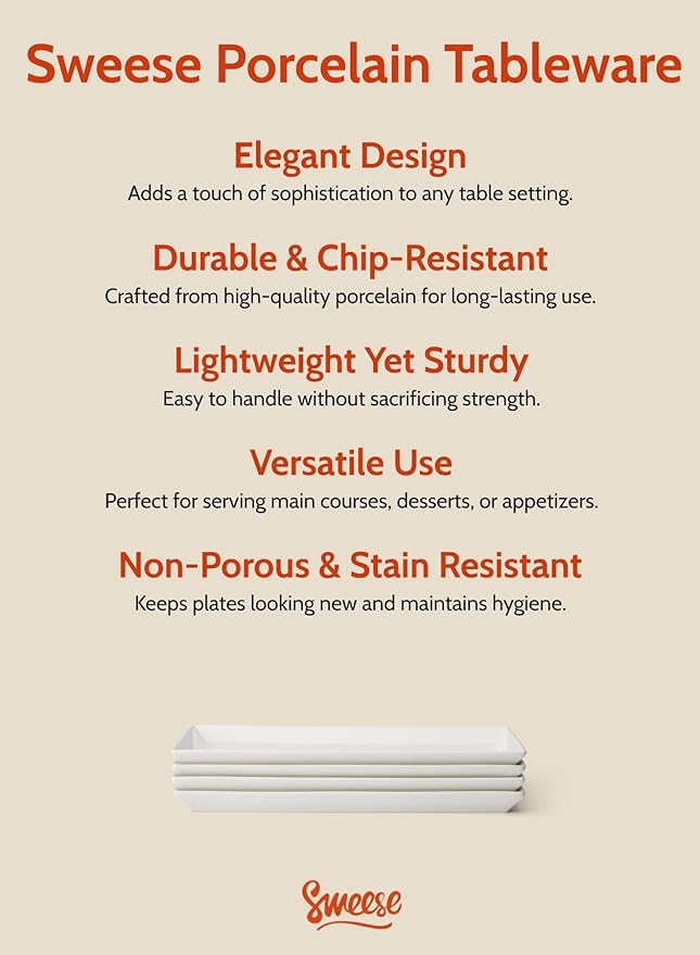 Sweese Porcelain Serving Platters 11.7 Inch - Elegant White Rectangular Plates, Set of 4 for Parties, Sushi, Appetizers