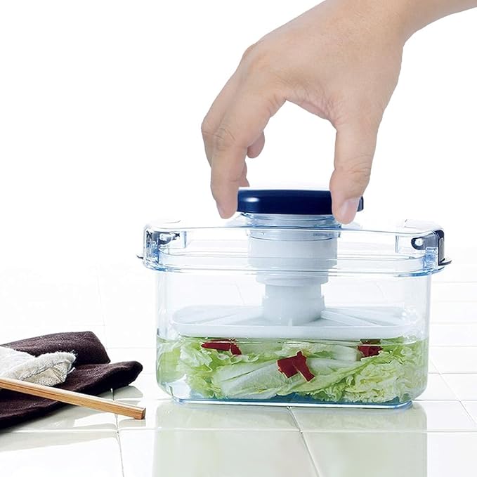 Instant Pickle Maker Vegetable Press Tsukemono Container Rectangle Made in Japan BPA Free (Blue 1.6L)