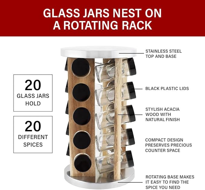 Orii Natural Acacia Wood Spice Rack with 20 EMPTY jars with Black Plastic Lids and FREE Stainless Steel Funnel and Labels