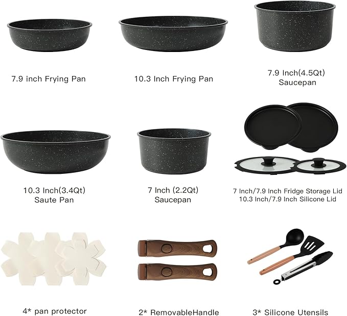 15PCS Ceramic Cookware Sets Detachable Handle Pots and Pans Set Non Stick (Black)
