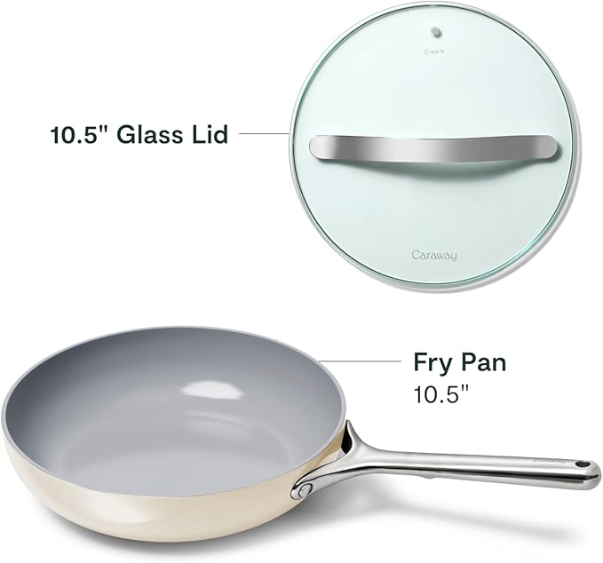 Caraway Nonstick Ceramic Frying Pan With Glass Lid (2.7 qt, 10.5") - Non Toxic, PTFE & PFOA Free - Oven Safe & Compatible with All Stovetops (Gas, Electric & Induction) - Cream