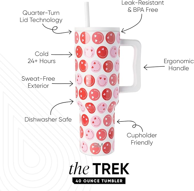 Simple Modern 40 oz Trek Tumbler with Handle and Straw Lid | Cup Holder Friendly Insulated Stainless Steel Travel Mug | Happy Heart Eyes