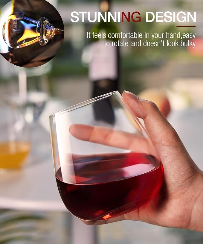 Stemless Wine Glasses Set of 4, 15oz Hand Blown Crystal Red White Wine Glass, Ideal for Daily Use and Special Days, Perfect Gifts for Both Men and Women, Father's Day