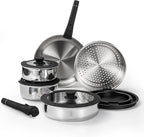 ROYDX16 PCS Pots and Pans Set,18/10 Stainless Steel Cookware Set with Adjustable Detachable Handles for RV,home Dishwasher Safe and Oven Safe