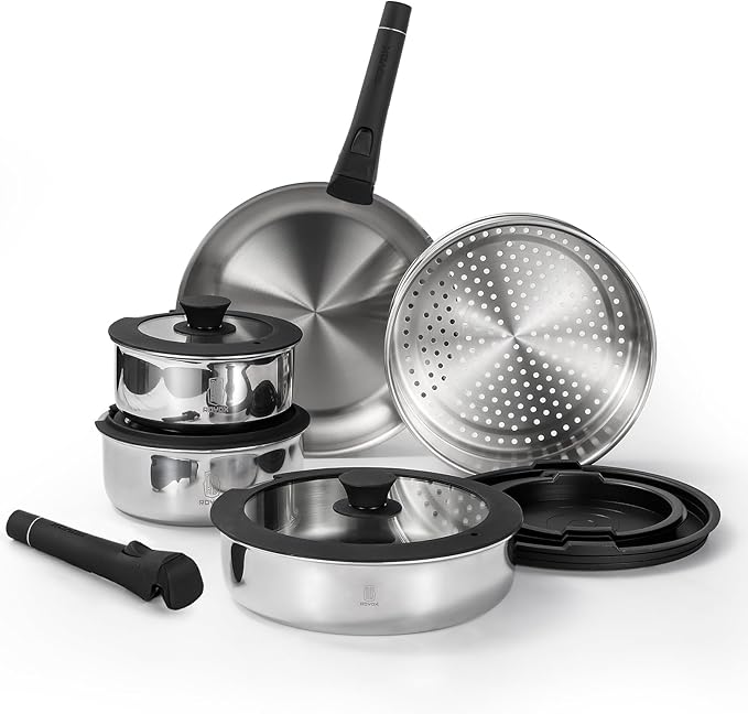 ROYDX16 PCS Pots and Pans Set,18/10 Stainless Steel Cookware Set with Adjustable Detachable Handles for RV,home Dishwasher Safe and Oven Safe