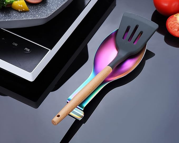 Matte Rainbow Spoon Rest, Stainless Steel Holder for Stove Top, Kitchen Utensils, Ladles, Tongs, Spatula, Pot Lid - Dishwasher Safe (2PC-9.5 Inch)