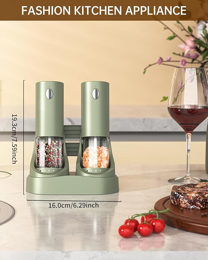 CIRCLE JOY Electric Salt and Pepper Grinder Set Automatic Salt and Pepper Grinder Set with Easy-to-Carry Charging Base and LED Light, USB Rechargeable, Upgrade External Adjustable Coarseness, Green