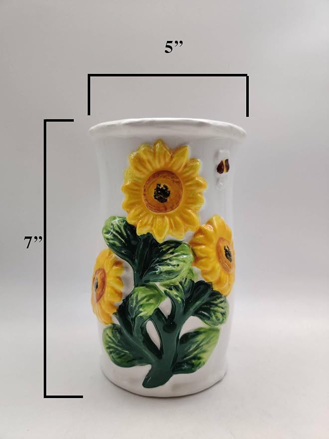 ACK 3D Sunflower Hand Painted Ceramic Utensil Jar, Utensil Holder, Utensil Crock, Modern Kitchen Decor, Kitchen Storage for Spoon, Ladle, Spatula and More