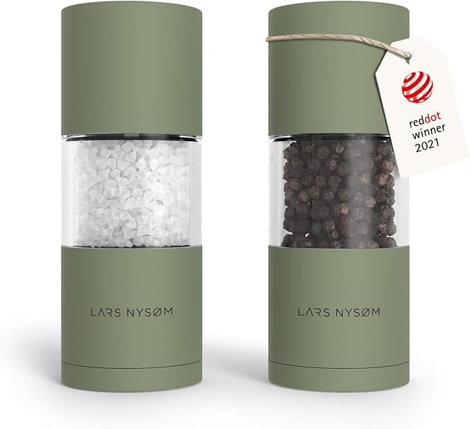 LARS NYSØM Salt and Pepper Grinder Set I Salt and Pepper Mills with Adjustable Ceramic Grinder 2 pieces I Manual Design Spice Mill Set (Sage Green)