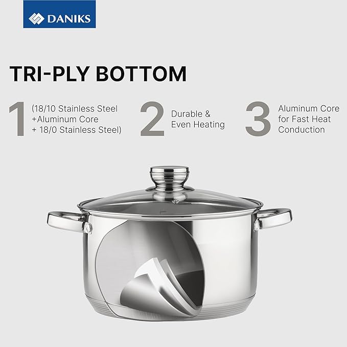 Daniks Standard Stainless Steel Stock Pot with Glass Lid – Induction 4 Quart, Dishwasher Safe, Measuring Scale, For Soup, Pasta, Stew, Silver