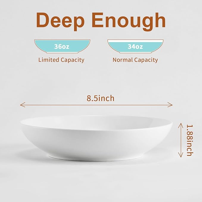 Jassceram 8.5inch Pasta Bowls Set of 6, 36 OZ Salad Plates,Ceramic Serving Bowls for Soup,Noodle,Deep Enough for Kitchen and Dining, Microwave,Oven and Dishwasher Safe,Off White