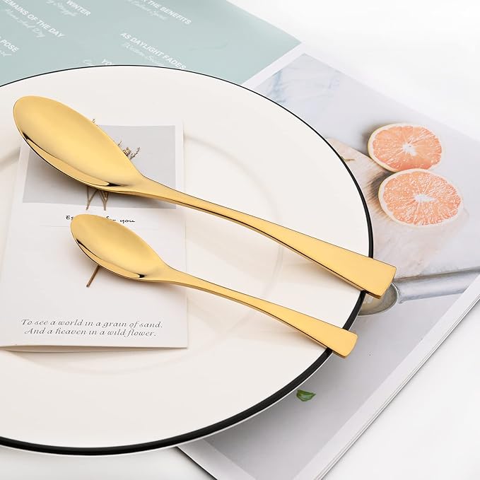 Gold Tableware 20Pcs Mirror Polished 18/10 Stainless Steel Luxury Flatware - Heavy Cutlery Set Service For 4 Include Knives/Forks/Spoons/Salad Fork/Teaspoon, Dishwasher Safe