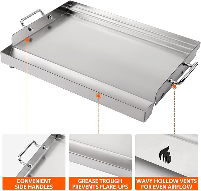 LotFun 32" x 15" Stainless Steel Cooking Griddle for Outdoor Gas Grill, Universal Griddle Flat Top Plate Insert with Grease Groove and Removable Handles for Electric/Charcoal/Gas Grill, Camping,Party