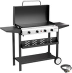 4 Burner Propane Griddle with Lid, 30 Inch Stainless Steel Portable Detachable Gas Griddle, 60,000 BTU Flat Top Grill with Side Shelves for Camping