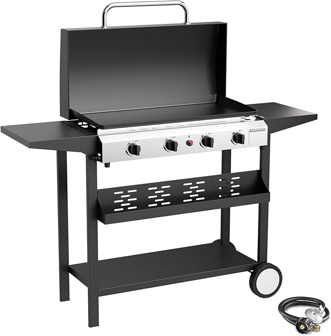 4 Burner Propane Griddle with Lid, 30 Inch Stainless Steel Portable Detachable Gas Griddle, 60,000 BTU Flat Top Grill with Side Shelves for Camping
