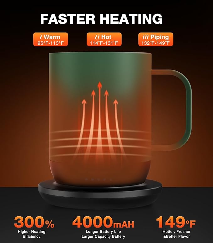 Self Heating Coffee Mug T1-16oz Fast Heating & Ultra Long-Lasting Battery Life, Heated Coffee Mug Up to 149℉ - Touch & App Controlled Coffee Mug, Birthday Gifts for Women and Men