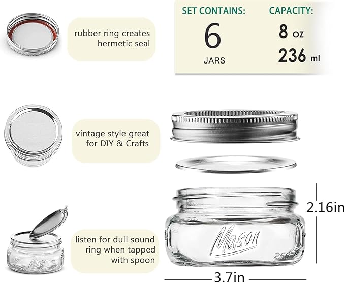 Mason Jars, 8 OZ, 12 Pack with Lids and Bands, Glass Canning Jars for Canning, Pickling, Preserving, Jam, Honey, Wedding Favors, Shower Favors (12 Pack) (Combo)