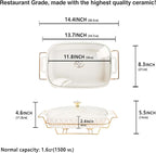 11" x 8" Ceramic Casserole Dish with Glass Lid and Rack, 50 ounce Serving Soup Tureen,Chafing Dish for Buffet, Family Food preserve Tray, Catering Casserole for Party Style, White