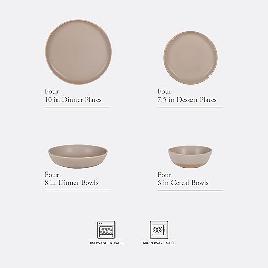 Gibson Elite Laguna Bliss 16 Piece Stoneware Reactive Glaze (Service for 4) Ceramic Plates and Bowls Dinnerware Set - Matte Beige-Gray W/Terracotta Bottom