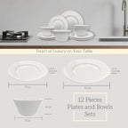 12-Piece Ceramic Dinnerware Set for 4 – Ceramic Plate and Bowel sets, Made by Kolin, Annealing, High Porosity and Density, Dense and Translucence (White)