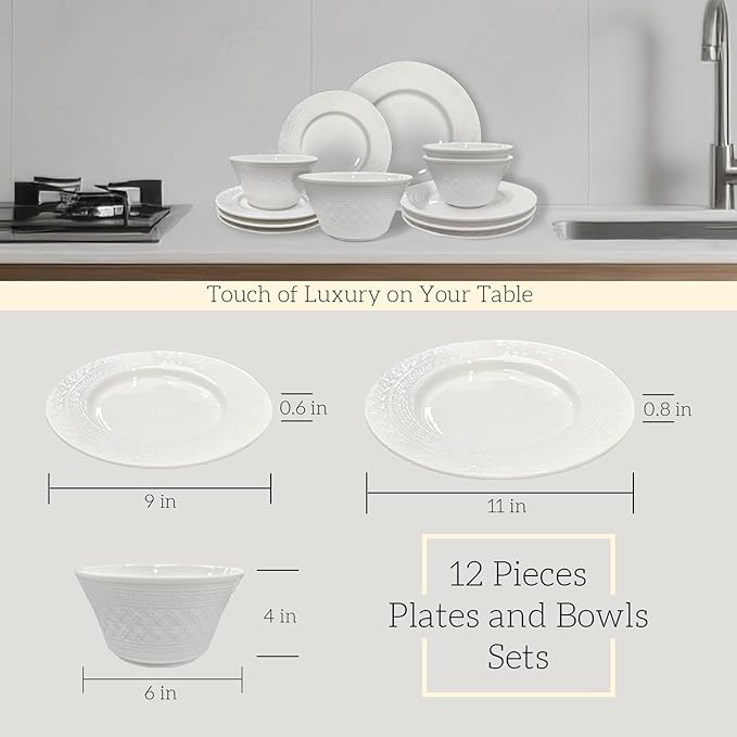 12-Piece Ceramic Dinnerware Set for 4 – Ceramic Plate and Bowel sets, Made by Kolin, Annealing, High Porosity and Density, Dense and Translucence (White)