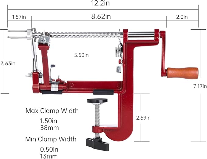Apple Peeler Corer, Long lasting Chrome Cast Magnesium Alloy Apple Peeler Slicer Corer with Stainless Steel Blades and Powerful Clamp Base for Apples and Potato(Deep Red)