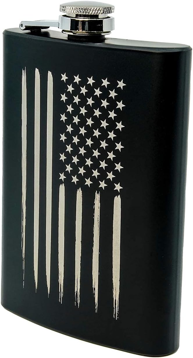 American Flag 8 oz Flask | Stainless Steel Hip Flask for Liquor – Matte Black, Great Gift Idea for Veterans