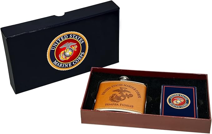 Marine Corps Flask & Card Set - Leather-Wrapped USMC Flask with Rank Playing Cards – Marine Corps Gifts | Disabled USMC Vet Owned SMALL Business
