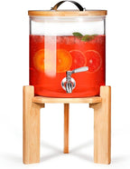 Glass Beverage Dispenser with Bamboo Stand 6.7 In and Lid, Iced 1.5 Gallon Drink Server with Spigot, Large Thick Glass Drink Dispenser for Parties, Hotels, Restaurants, Homes