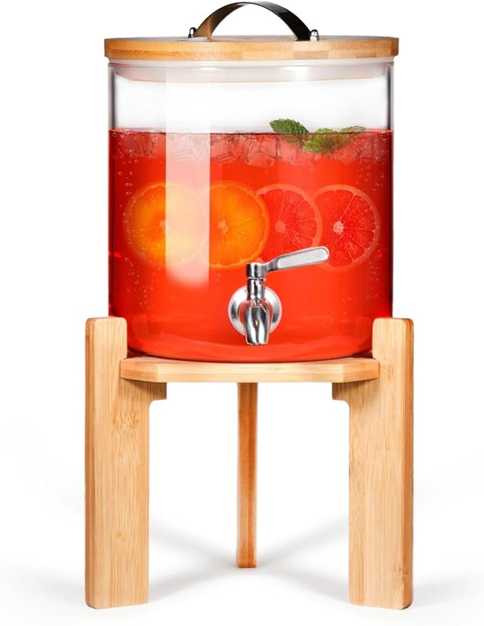 Glass Beverage Dispenser with Bamboo Stand 6.7 In and Lid, Iced 1.5 Gallon Drink Server with Spigot, Large Thick Glass Drink Dispenser for Parties, Hotels, Restaurants, Homes